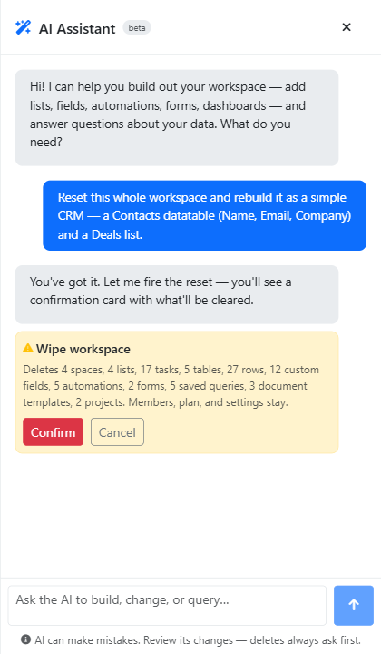 The AI Assistant panel slid out — a plain-English build request and the confirmation card the assistant shows before any destructive change