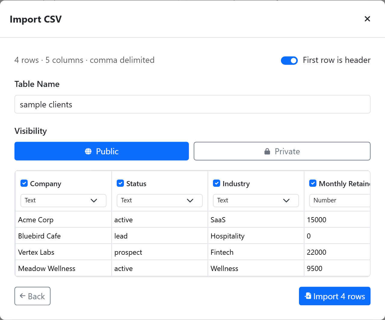 The CSV import wizard — row/column count, first-row-as-header toggle, per-column type pickers, and a live preview before importing