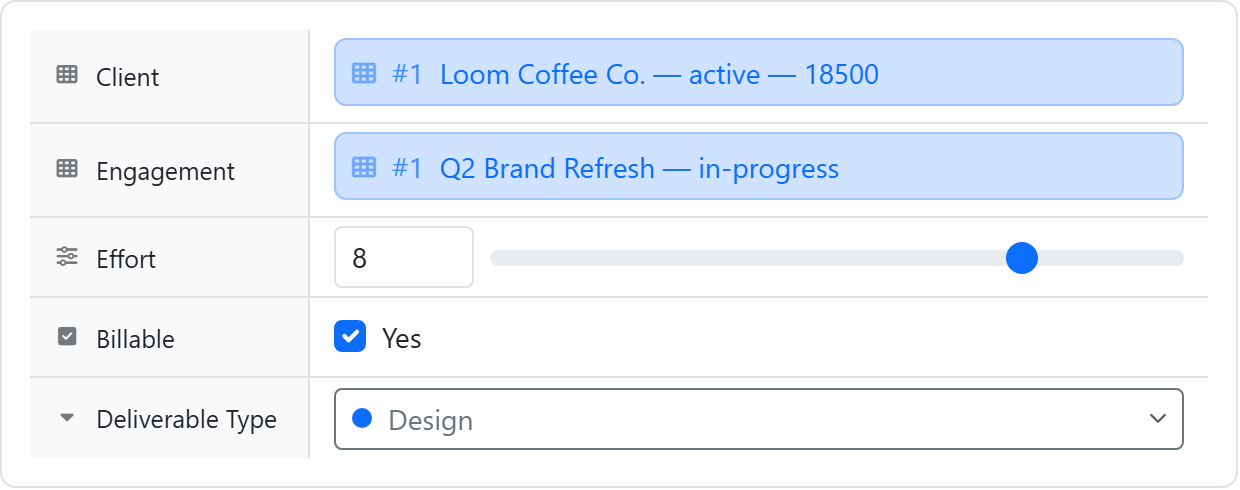 Custom fields on a task — a linked-record Client and Engagement, an effort slider, a billable checkbox, and a dropdown