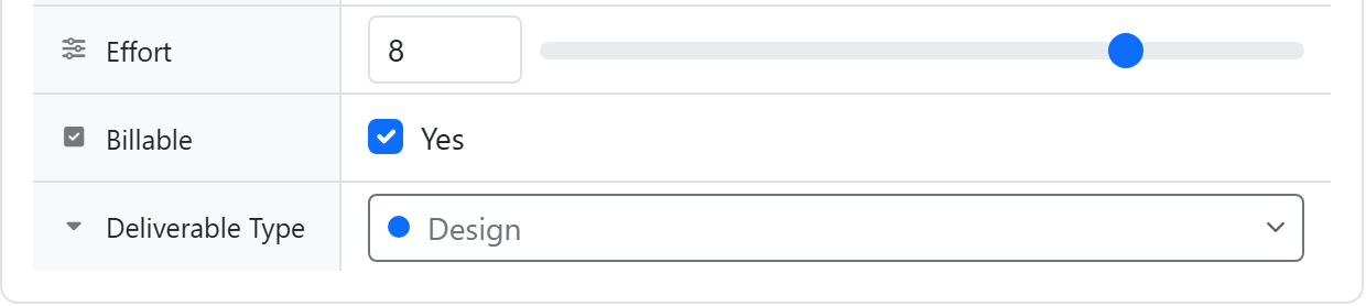 Different field types on a task — an effort slider, a billable checkbox, and a dropdown