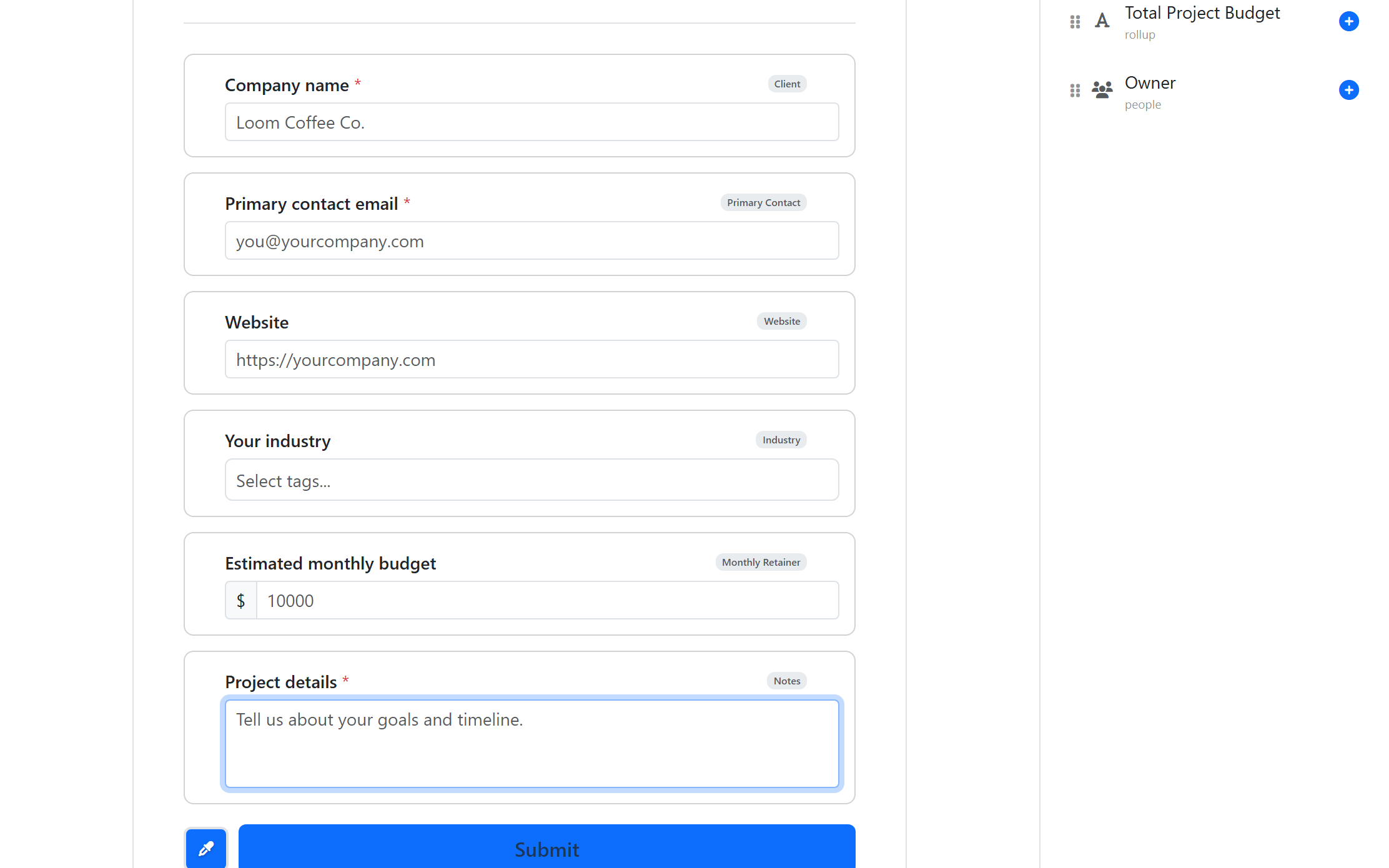 The form builder — each field maps to a target column, with a palette of columns you can drop in on the right