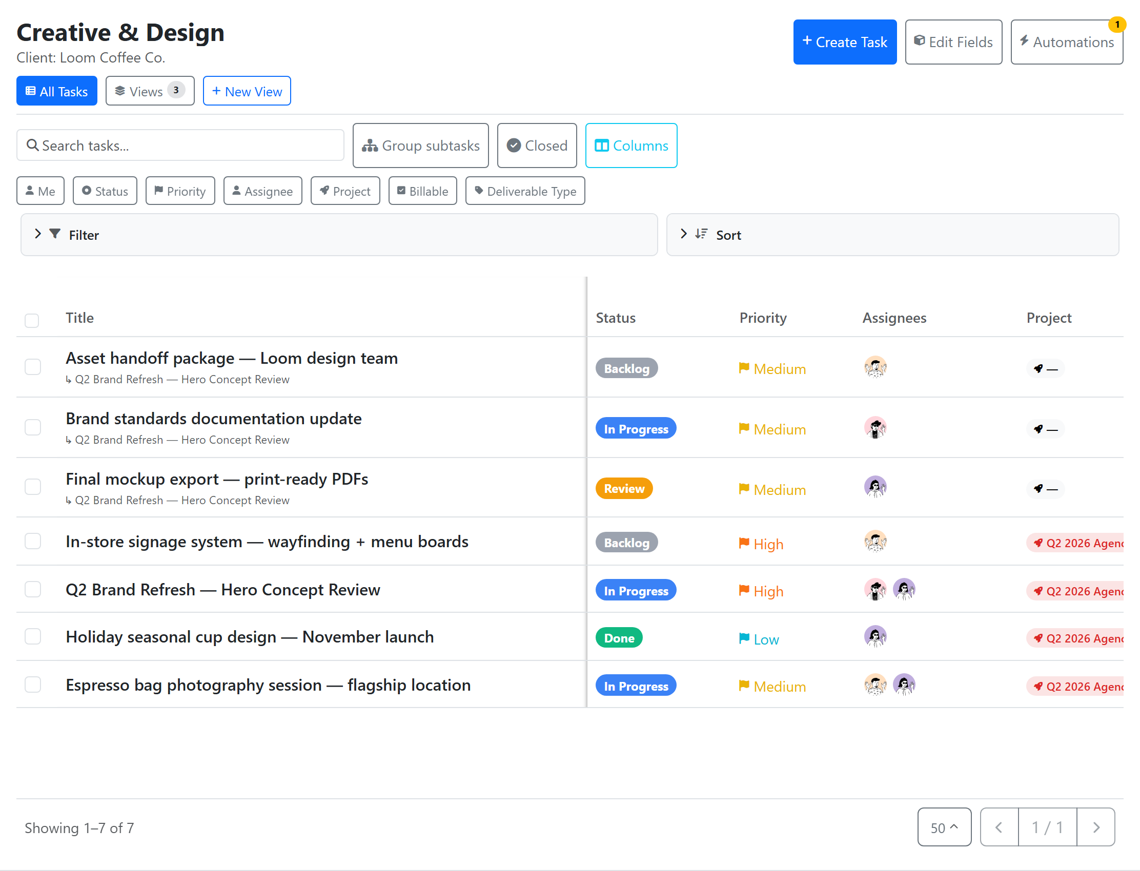 A task list in list view — statuses, priority, assignees, and view tabs across the top