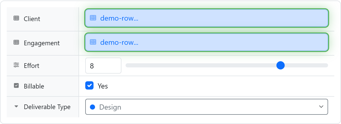task with a datatable-link field showing live customer data