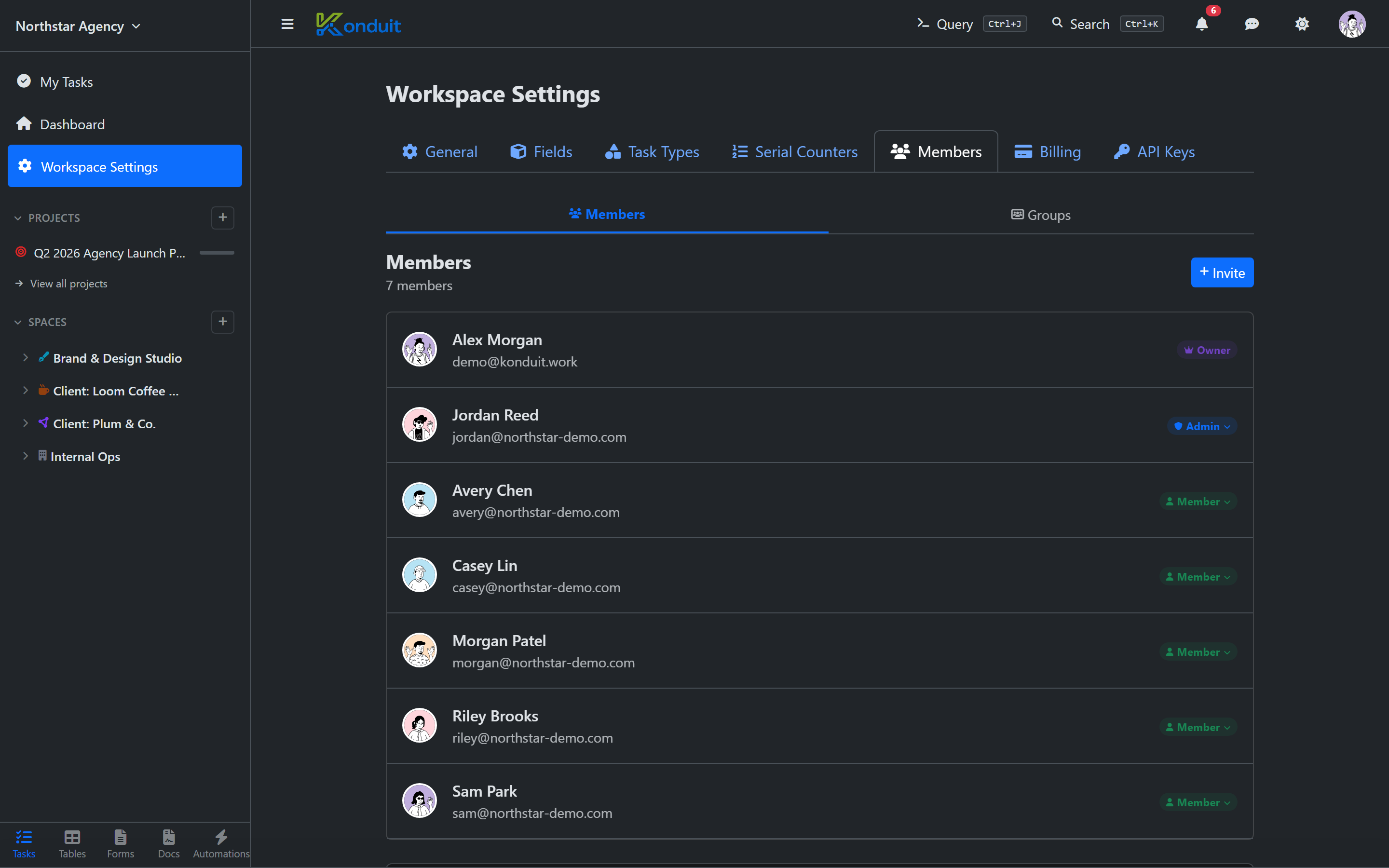 Settings → Members panel with the member list and Invite button