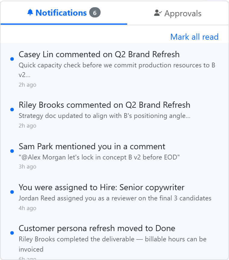 The notification dropdown with the Notifications and Approvals tabs, unread items, and Mark all read