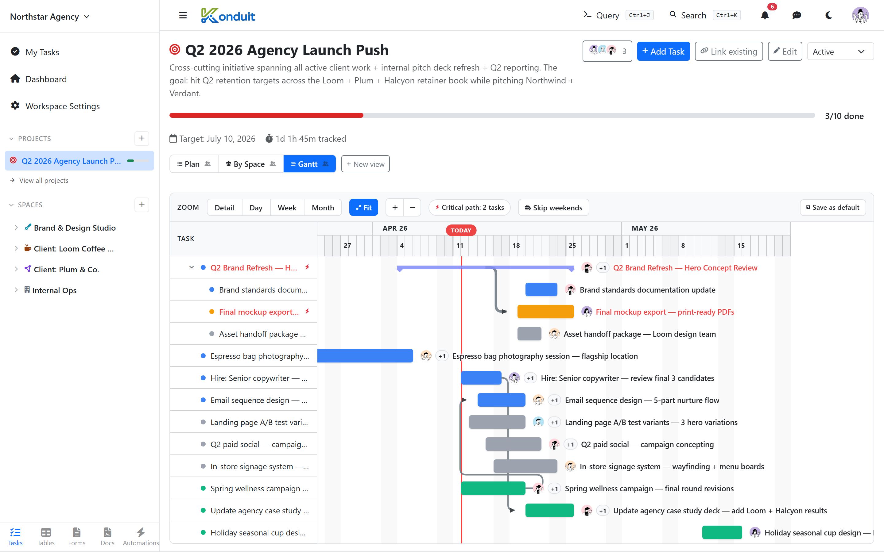 gantt view with multiple tasks and dependency arrows