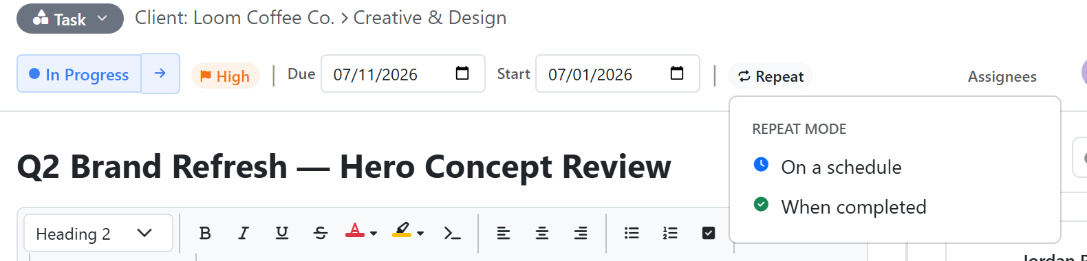 The Repeat button in a task's header, with the picker open — choose 