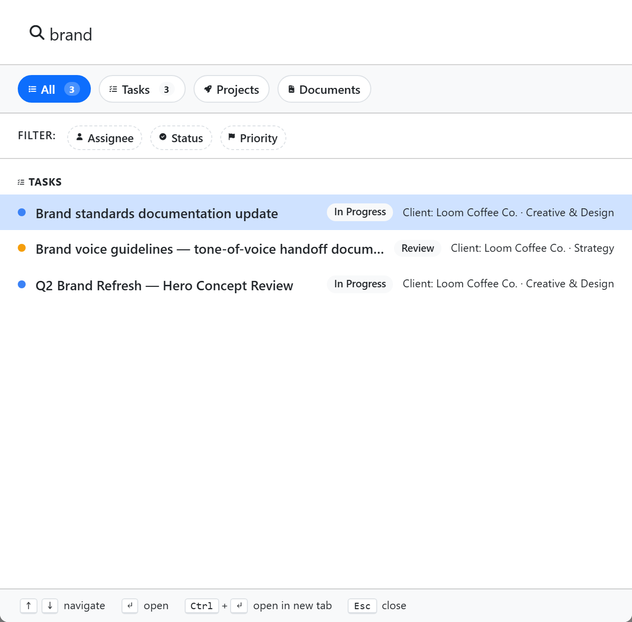 The global search palette with scope tabs (All / Tasks / Projects / Documents), filters, and live results