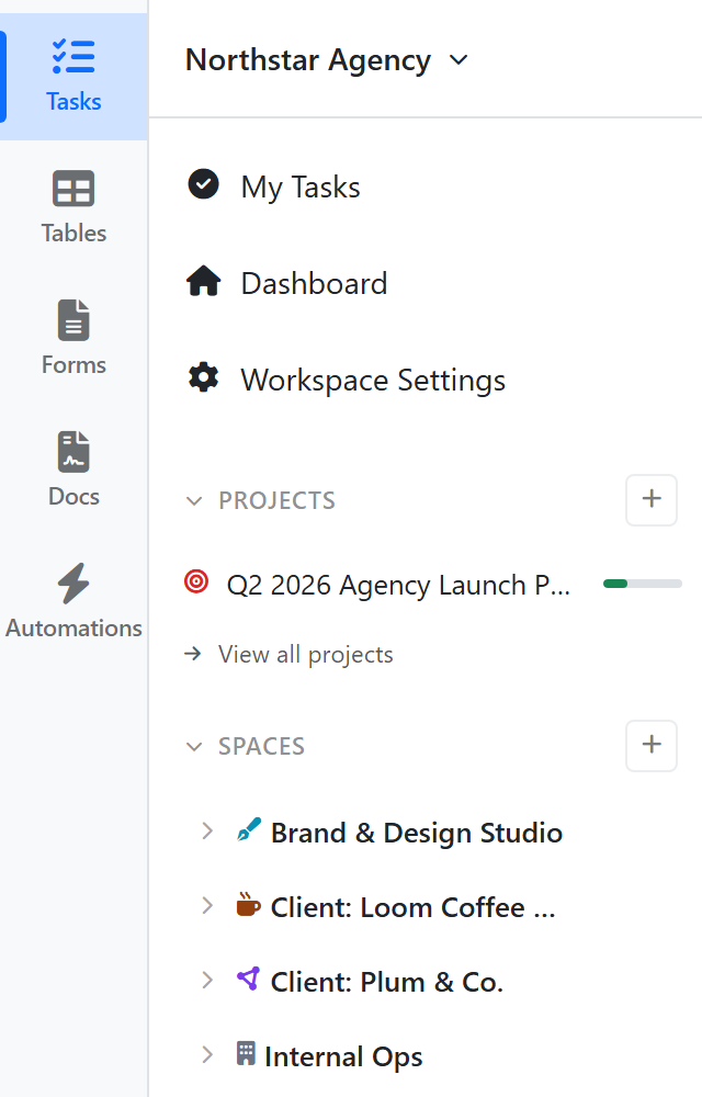 The sidebar tree — workspace, Projects, and the Spaces hierarchy (Brand & Design Studio, client spaces, Internal Ops)