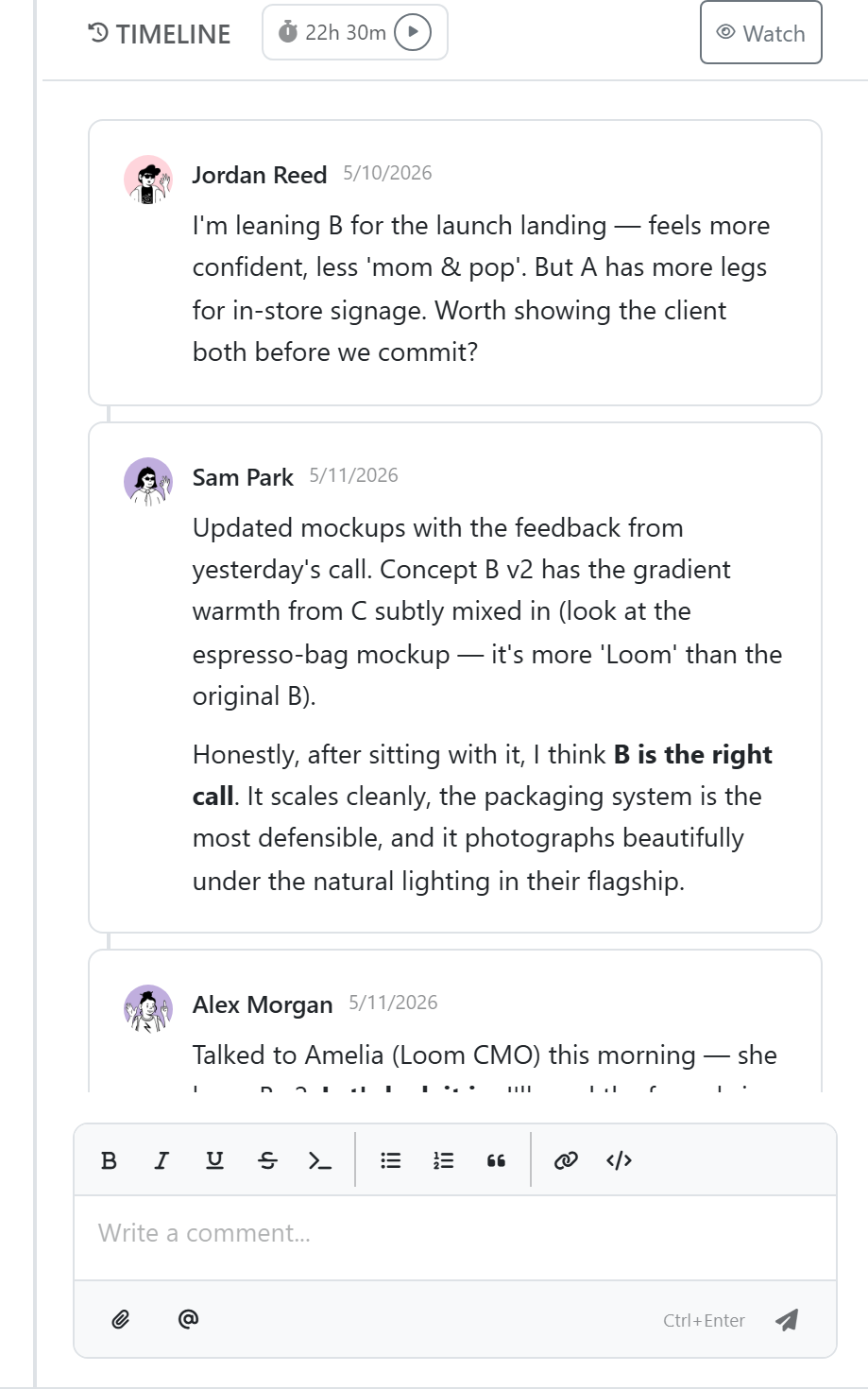 A task comment timeline with avatars, dates, @mentions, and the rich-text composer