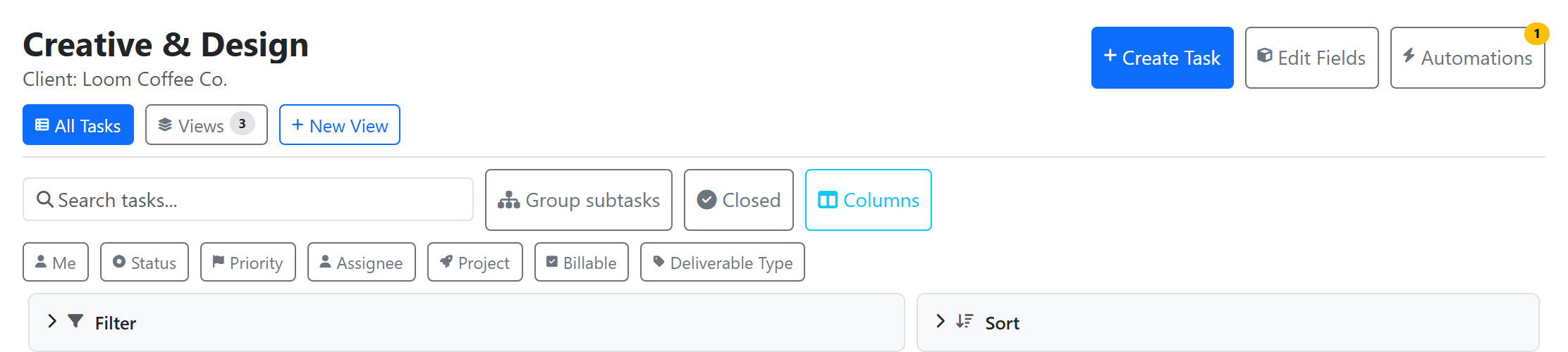 View tabs — All Tasks, a saved Views group, and New View — above the filter and sort controls