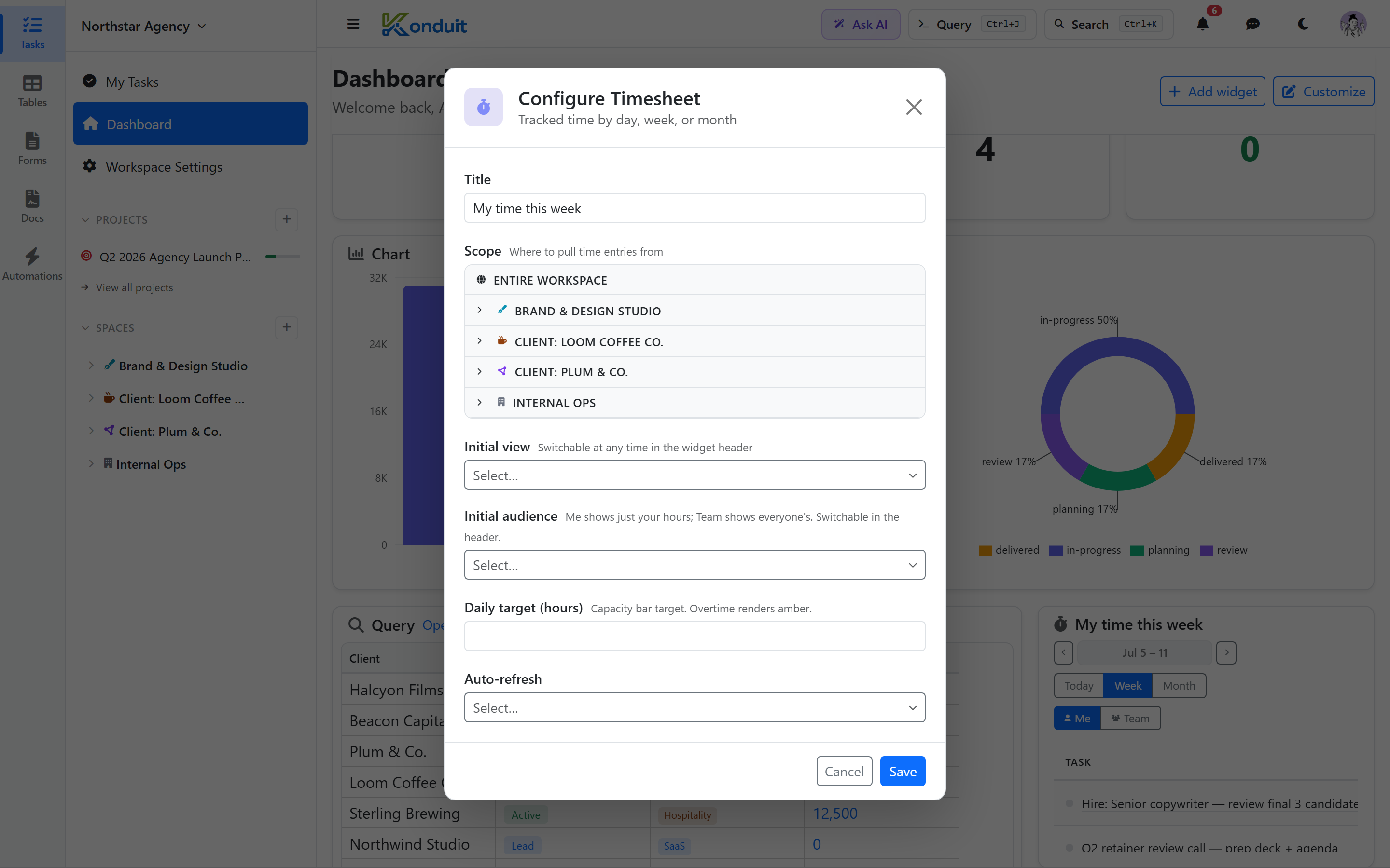 The configuration modal for a Timesheet widget — a title field, a scope picker, dropdowns for view and audience, and a numeric daily-target field, each with a short hint