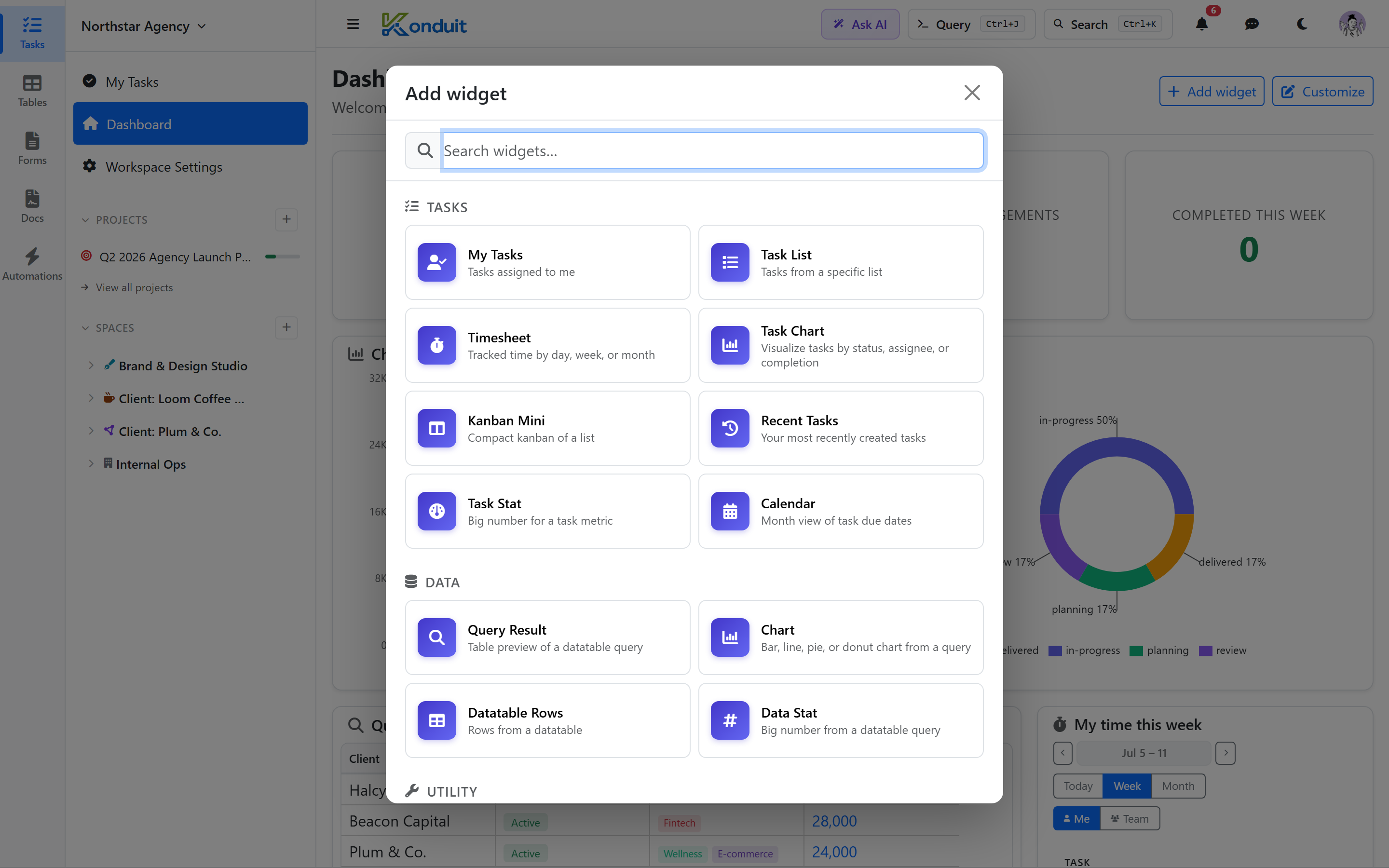 The Add widget picker — every widget type grouped into Tasks, Data, and Utility, each with an icon and description