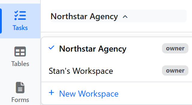 The workspace switcher — the current workspace plus others you belong to, and New Workspace